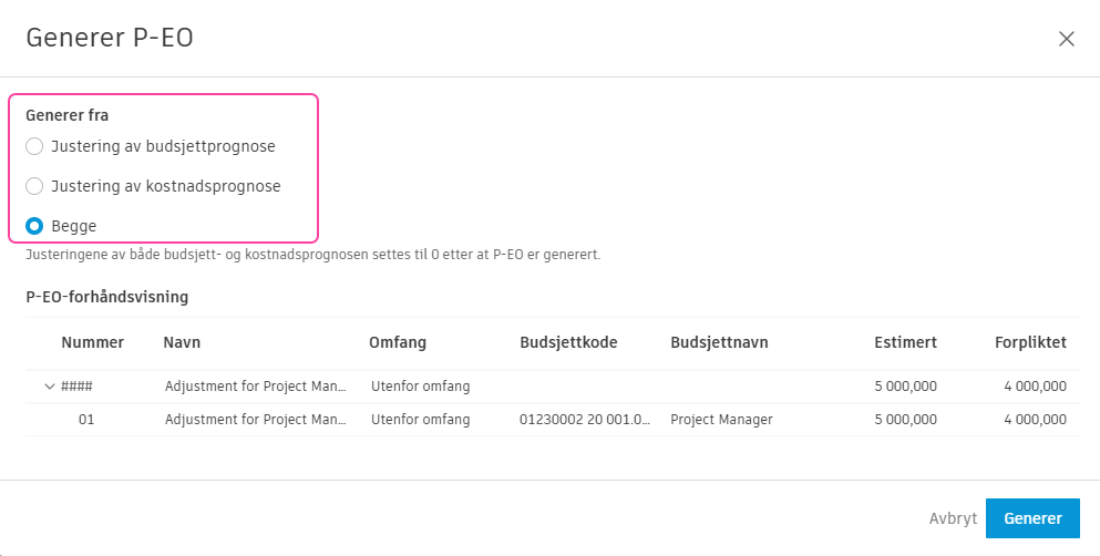Generer en PCO fra prognosejusteringer