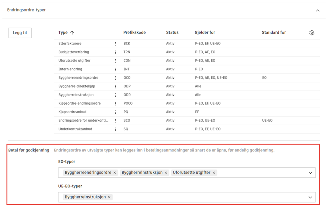 Betal før godkjenning-innstillinger som viser rullegardinlister for valg av EO- og UE-EO-typer