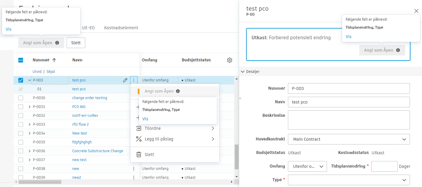 Valideringsmelding for påkrevde felt som viser manglende obligatoriske felt med Vis-knappen for å omdirigere til manglende data