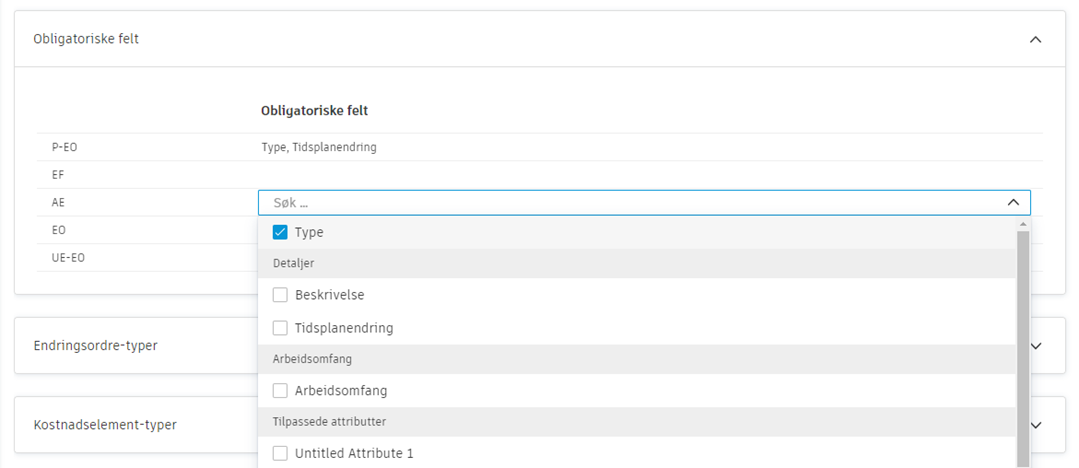 Obligatoriske felt for konfigurasjon av endringsordre som viser rullegardinvalg av obligatoriske felt