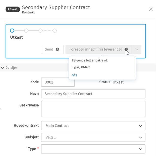 Obligatoriske felt for valideringsmeldinger for kontrakter