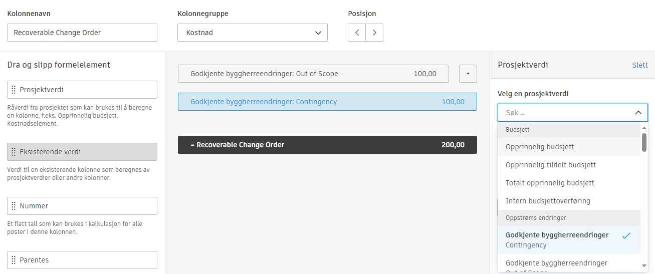 Høyre sidepanel som viser verdivalg