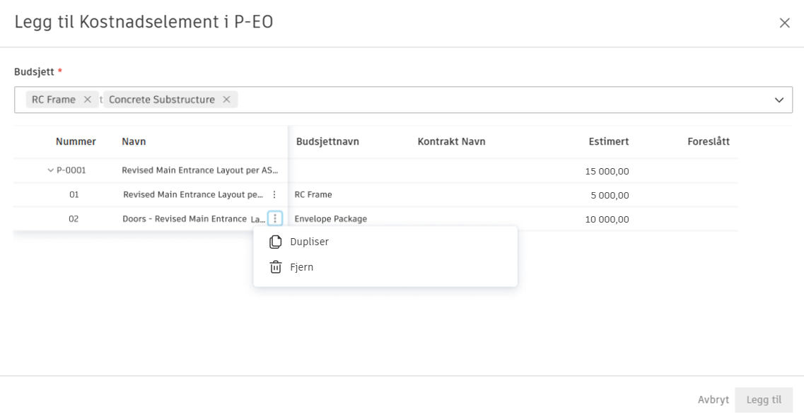 Legg til kostnadselement i PCO-dialogboks