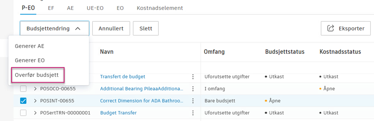 Eksempel på batchoverfør budsjett