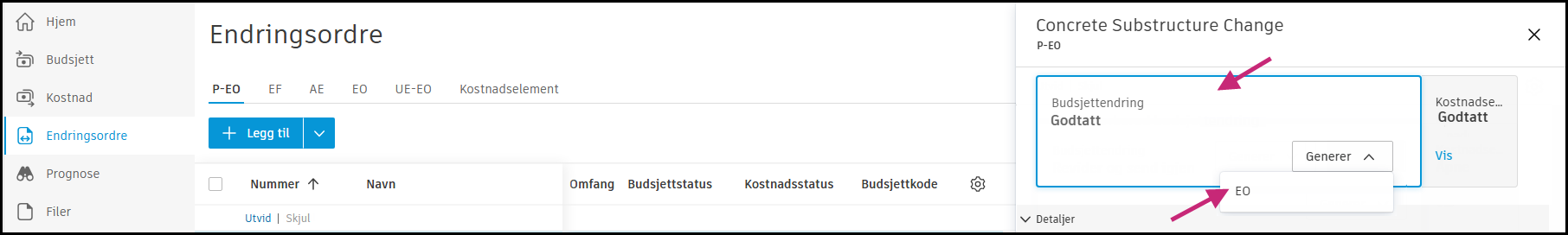 Generer EO-knapp og grensesnitt for å opprette Byggherreendringsordrer