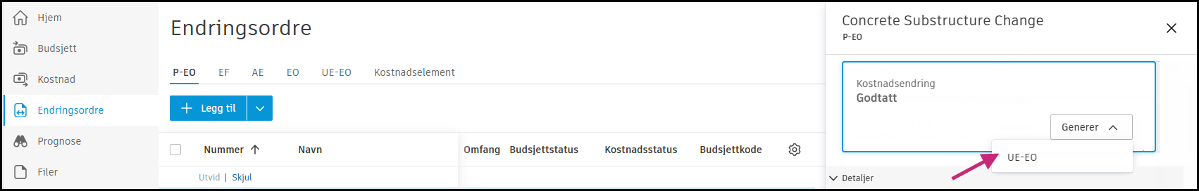 Generer SCO-knapp og grensesnitt for å opprette endringsordrer for underleverandør