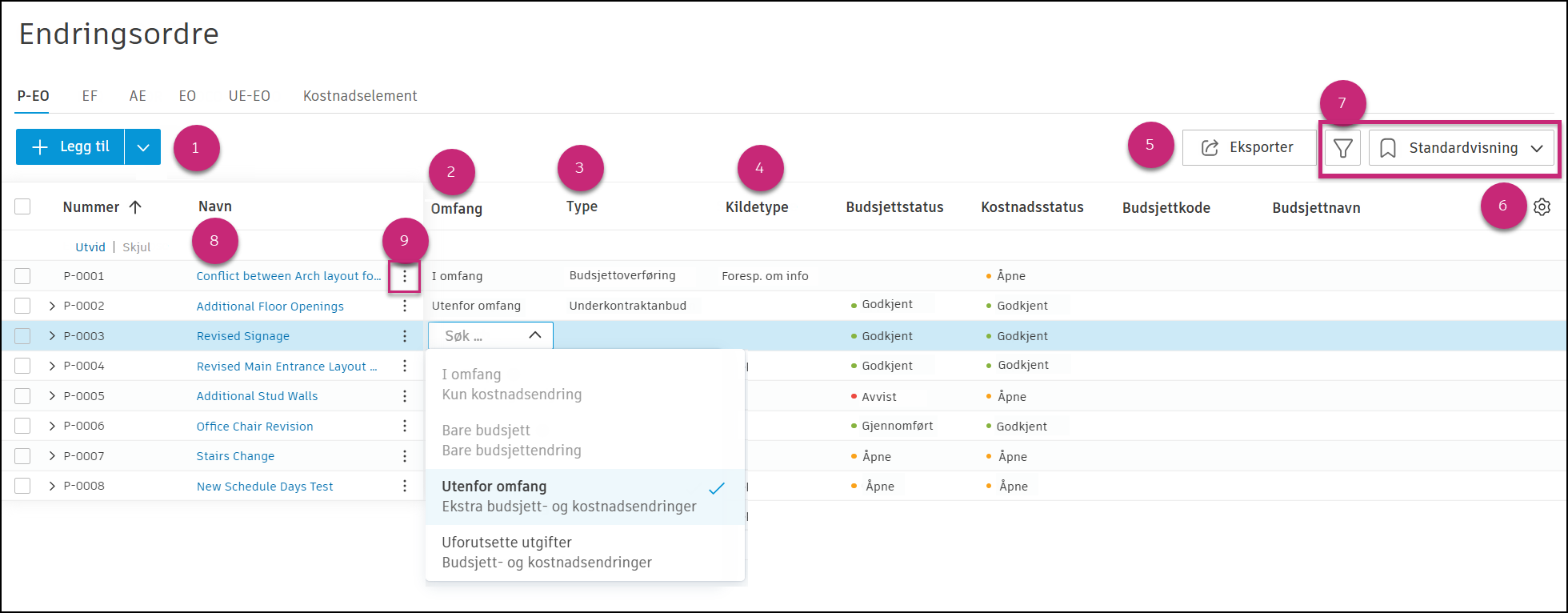 Oversikt over P-EO fane