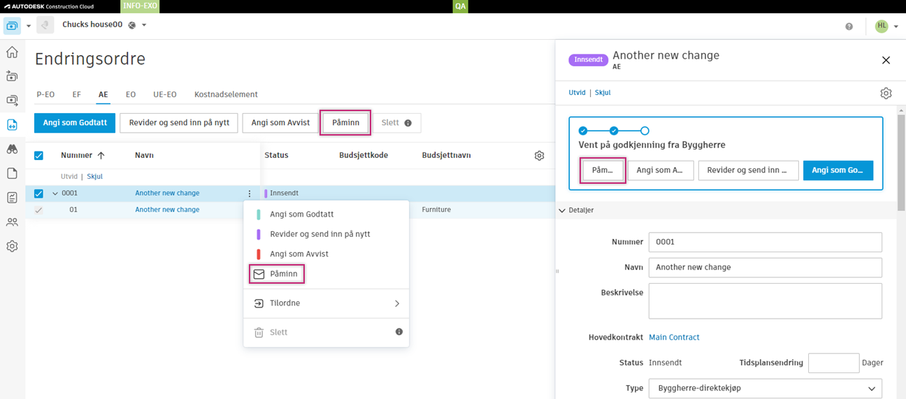 Påminn-knapp for å sende varsler til leverandører eller byggherrer som venter på svar