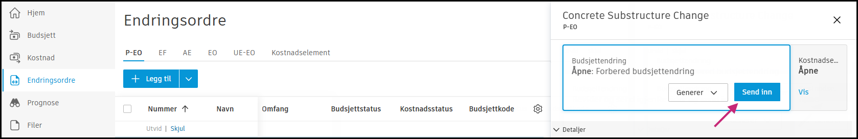 Vindu for innsending av budsjettendring for å angi innsendte verdier