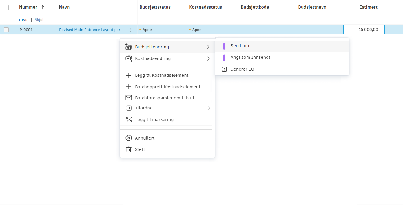 Send inn PCO uten kostnadselementer