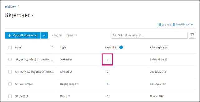 Velg prosjekter eller maler du vil fjerne skjemamal fra