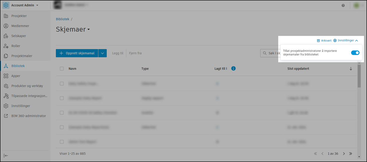 Skjermbilde av innstillinger for mal for skjemabibliotek