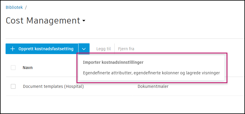 Importer’ kostnadsinnstillinger