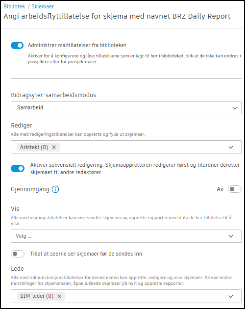 Skjermbilde av tillatelser på biblioteknivå