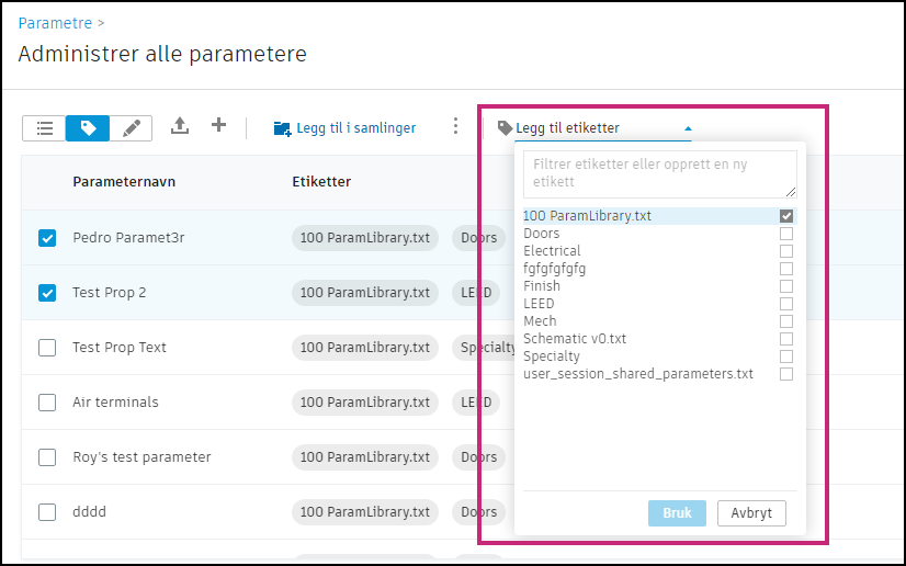 Grensesnitt for parametermerking