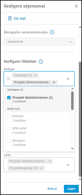 Skjermbilde av tillatelser for mal for prosjektskjema