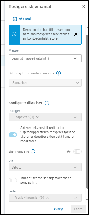 Skjermbilde av tillatelser for prosjekt mal nivå
