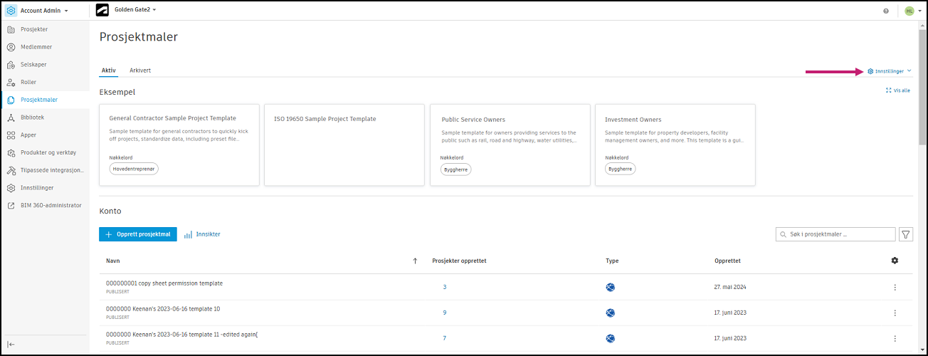 Innstillinger for prosjektmal