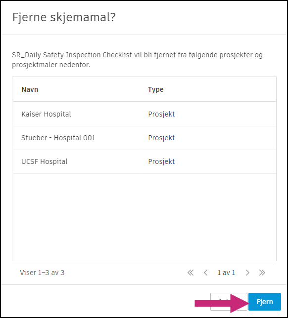 Bekreftelsesdialog for fjerning av skjemamal