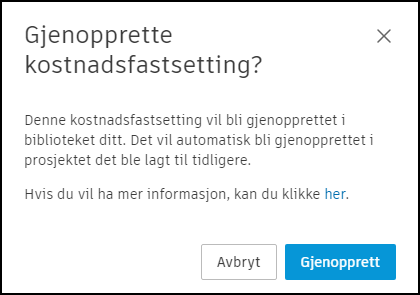 Gjenopprett  kostnadsfastsetting