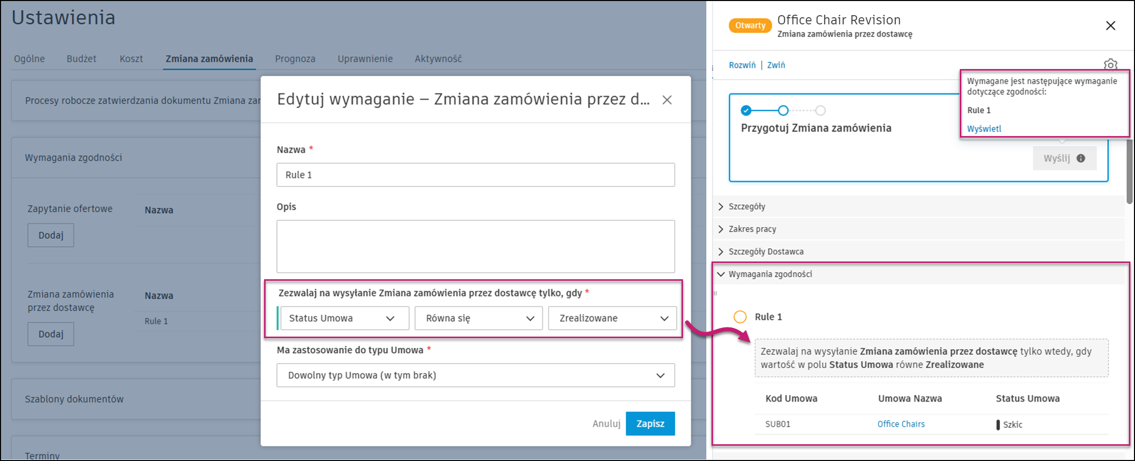 Powiadomienie o wymaganiach zgodności zawierające komunikat o niespełnionych wymaganiach z listą brakujących pozycji zgodności