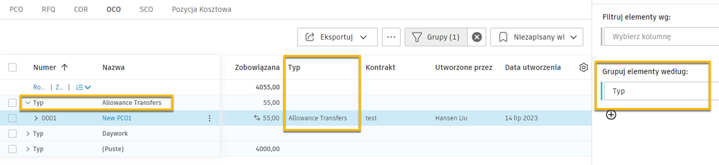 OCO z zastosowanym typem przeniesienia uprawnień