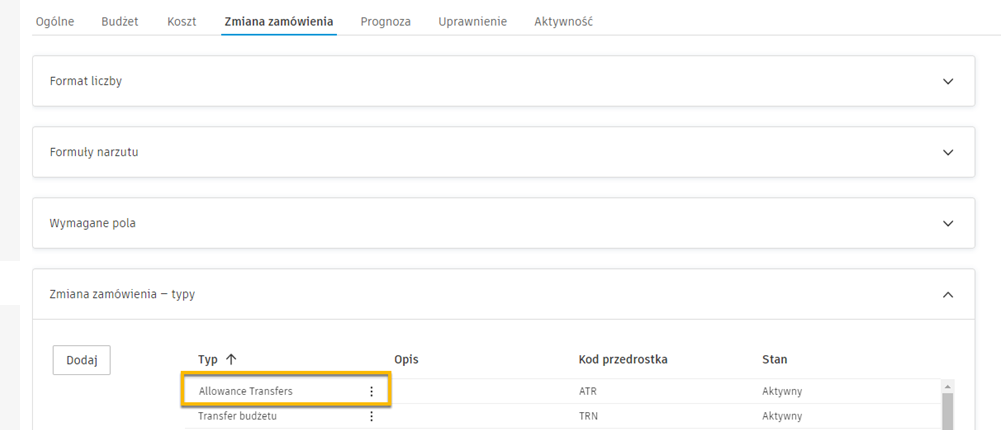 Konfiguracja typu zlecenia zmiany z konfiguracją przenoszenia uprawnień