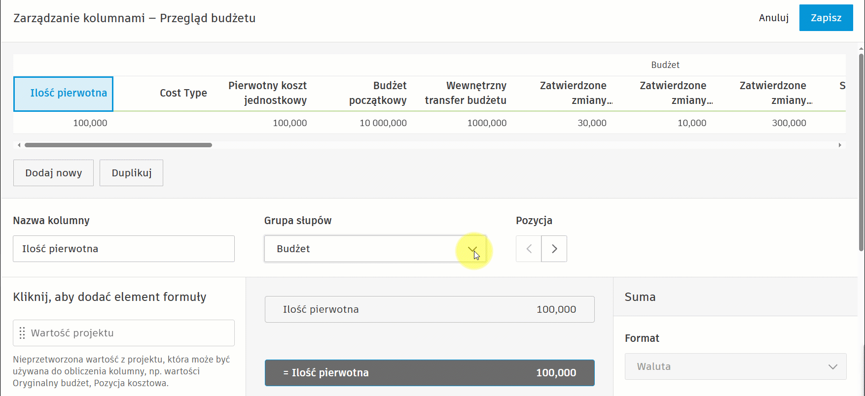 Zarządzanie kolumnami przeglądu budżetu