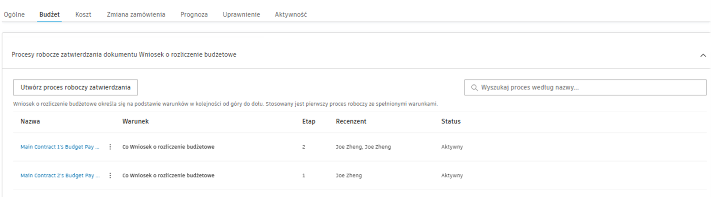 Przepływ pracy płatności budżetowych z kolumną Ważny dla