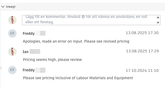 Sekcja komentarzy RFQ z wieloma wpisami komentarza