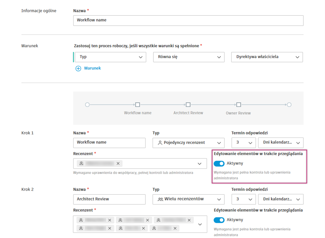Ustawienia procesu roboczego zatwierdzania kosztów