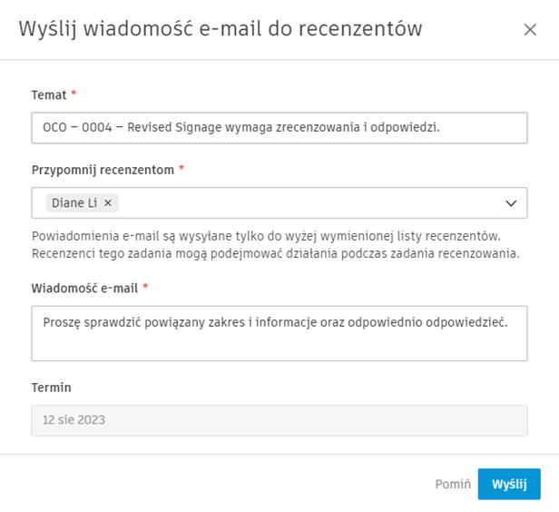 Okno dialogowe wysyłania procesu roboczego zatwierdzania