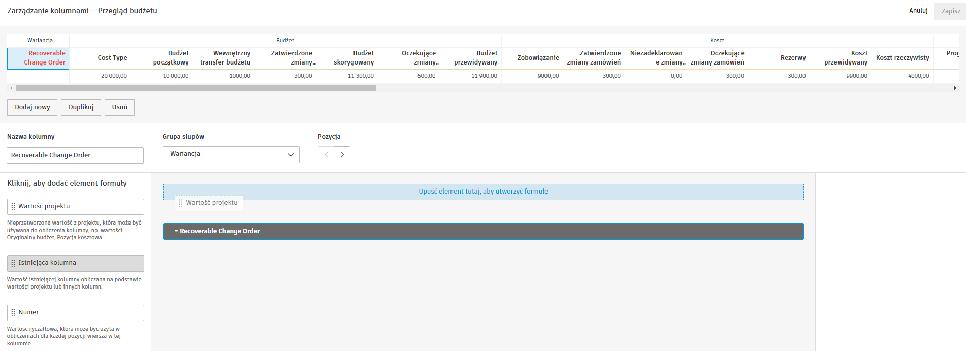 Tworzenie nowej kolumny z elementami formuły