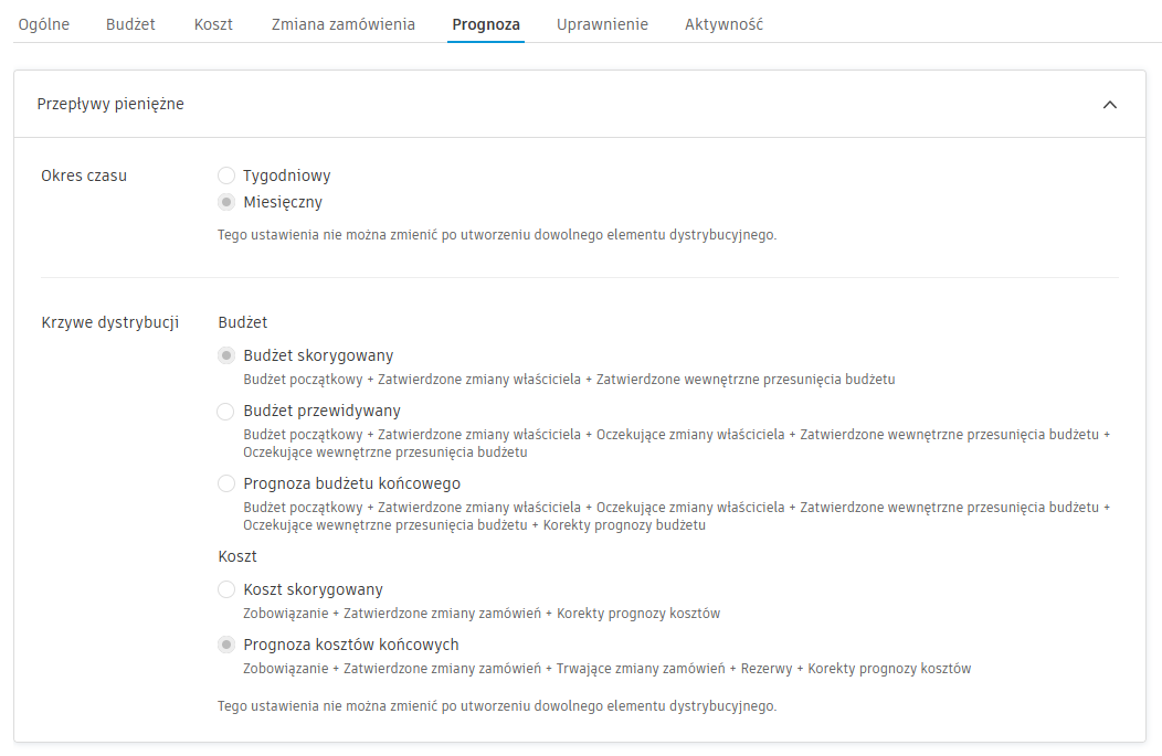 Panel ustawień krzywych rozkładu przedstawiający opcje budżetu i kosztów na potrzeby prognozowania przepływów pieniężnych