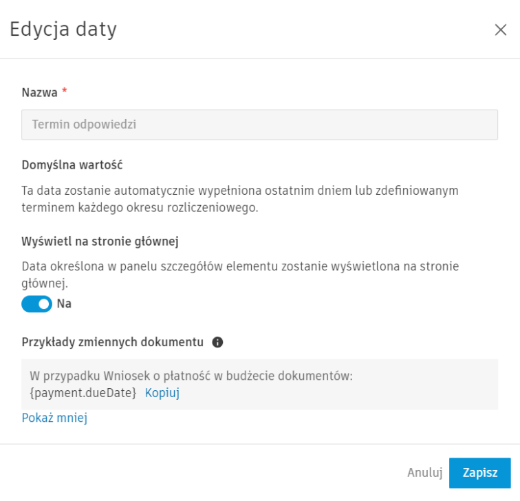 Okno dialogowe edycji dat z opcjami konfiguracji daty i zmiennymi dokumentu