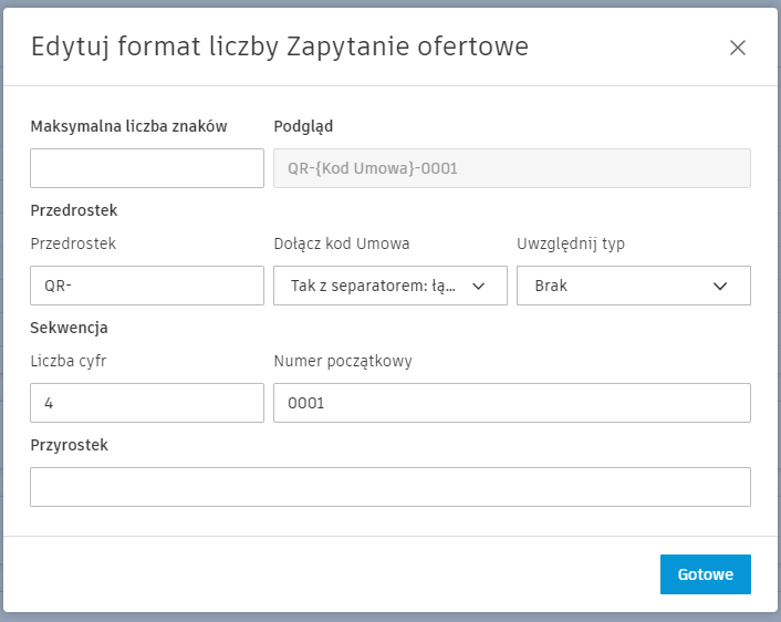 Okno dialogowe Edytuj format numeru RFQ zawierające pola dla maksymalnej liczby znaków, przedrostka, cyfr, liczby początkowej i przyrostka