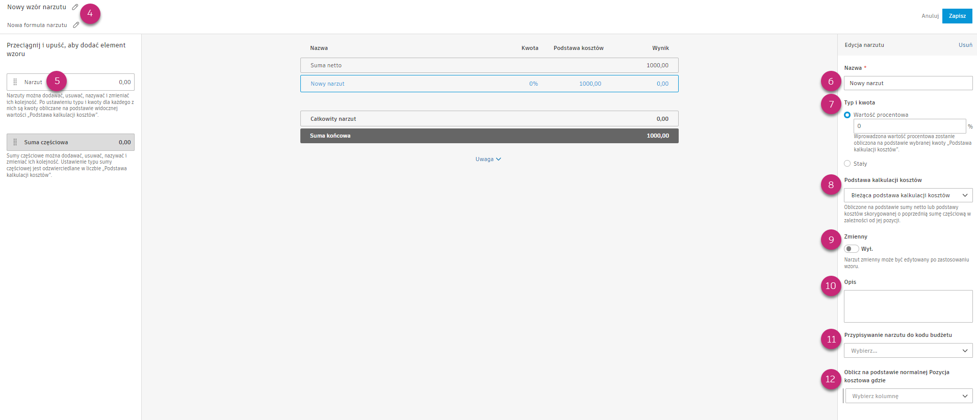 Interfejs konfiguracji formuł adnotacji finansowych z ustawieniami adnotacji, opcjami podstawy kalkulacji kosztów i konstruktorem formuł