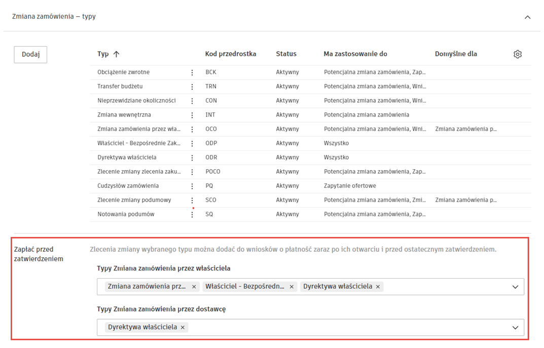 Ustawienia płatności przed zatwierdzeniem z listami rozwijanymi wyboru typu OCO i SCO