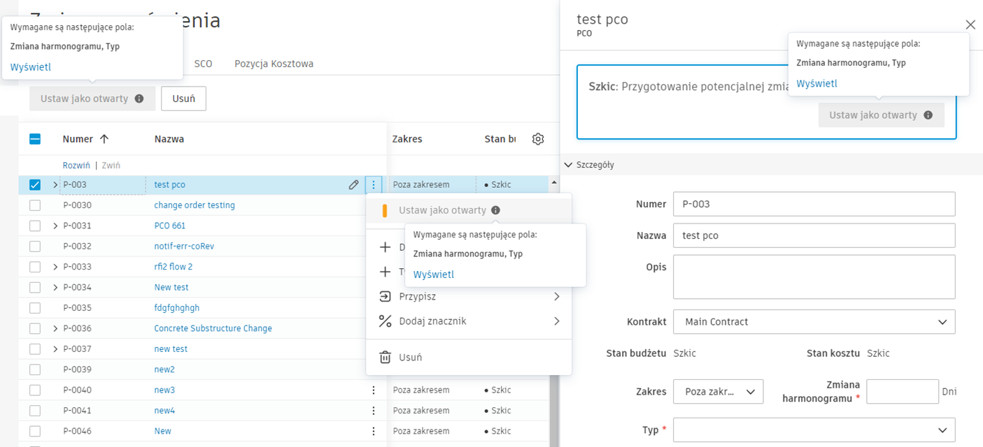 Komunikat weryfikacji wymaganych pól pokazujący brakujące pola obowiązkowe z przyciskiem Widok przekierowującym do brakujących danych