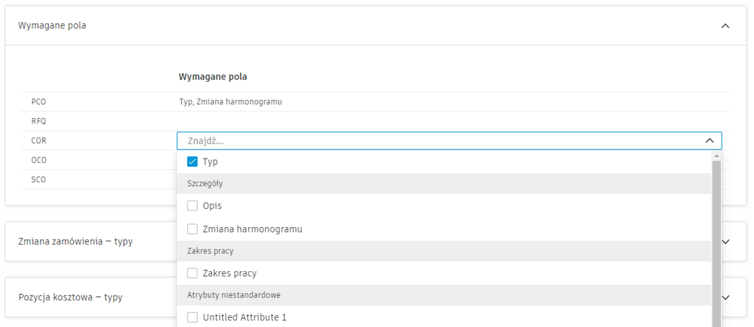 Pola wymagane do konfiguracji zleceń zmiany zawierające listę rozwijaną wyboru pól obowiązkowych