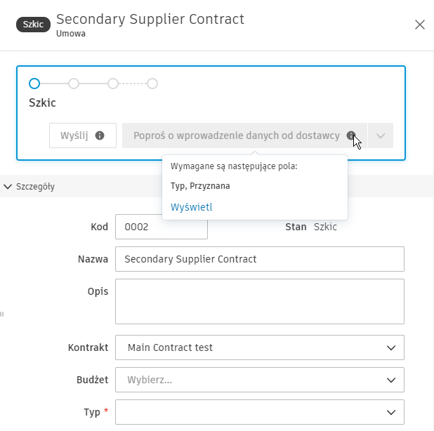 Komunikat zatwierdzający wymagane pola dla umów
