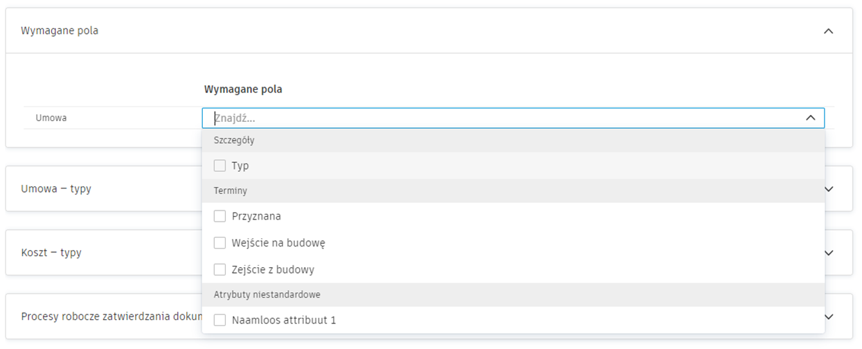 Pola wymagane do konfiguracji umów