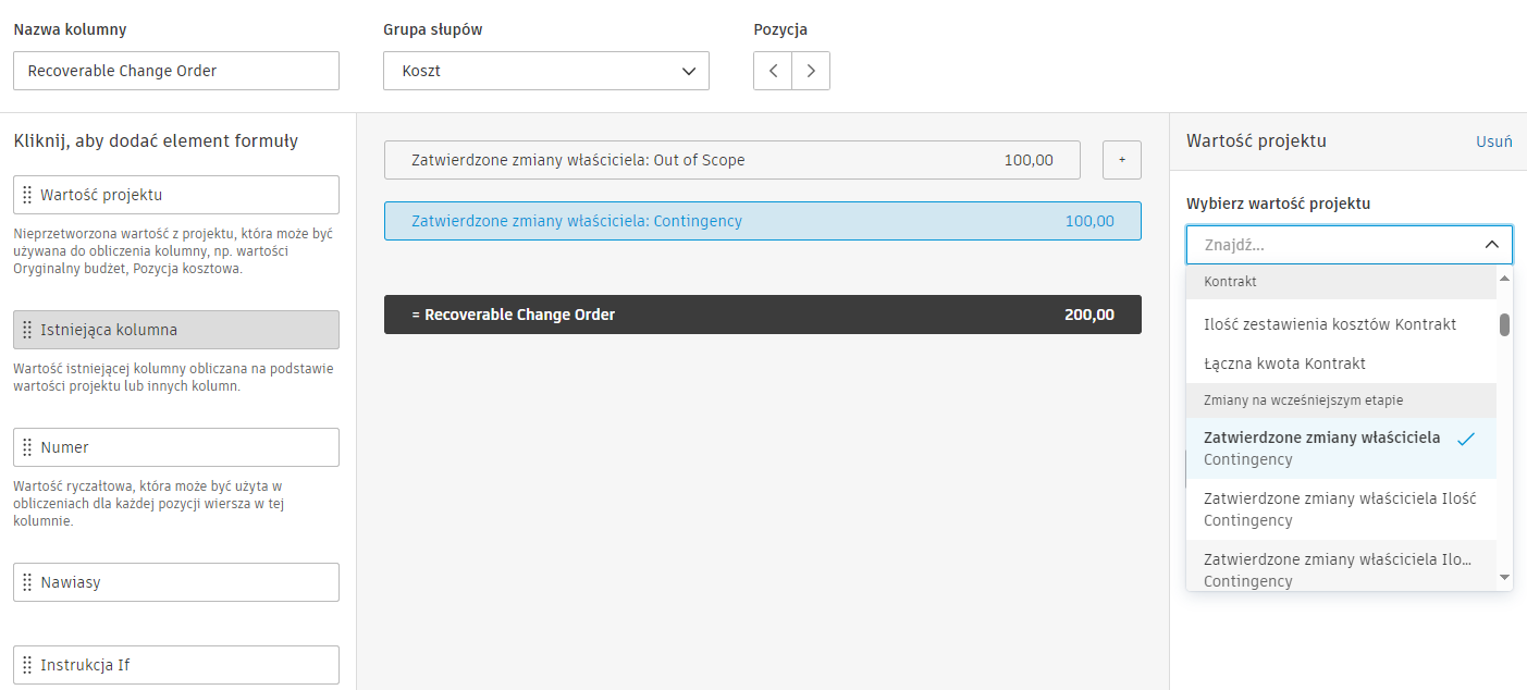 Prawy panel boczny pokazujący wybór wartości