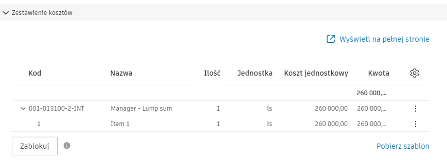Zestawienie kosztów umowy ze strukturą kodu budżetu