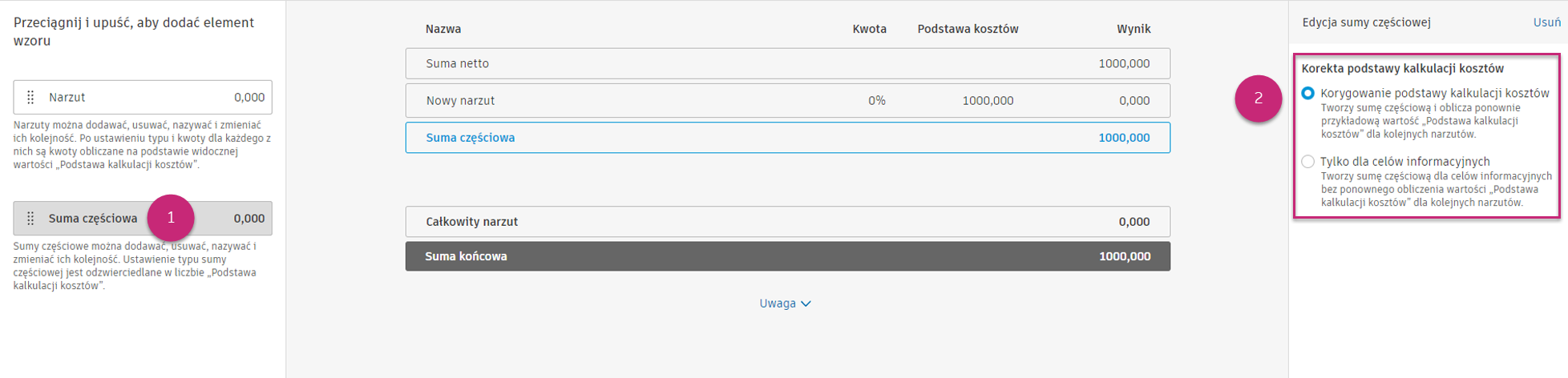 Opcje ustawień sumy częściowej wyświetlane opcje przycisków opcji Zmień podstawę kosztu i Tylko informacje