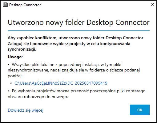 Okno dialogowe Utworzono nowy folder