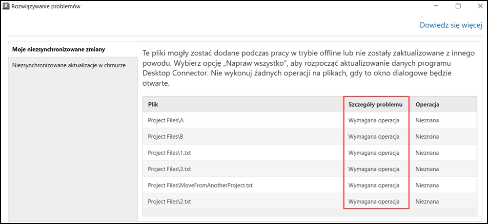 Stan Wymagana operacja w Narzędziu do rozwiązywania problemów