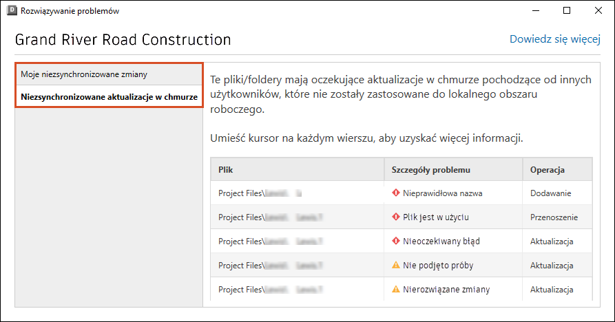 Narzędzie do rozwiązywania problemów zawierające karty niezsynchronizowanych zmian