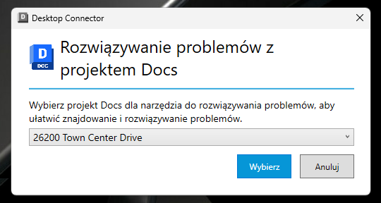 Ekran wyboru projektu w Narzędziu do rozwiązywania problemów