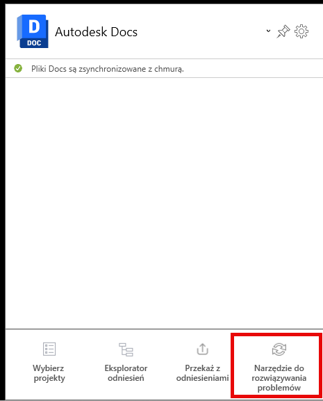 Wybór narzędzia do rozwiązywania problemów na ekranie głównym programu Desktop Connector